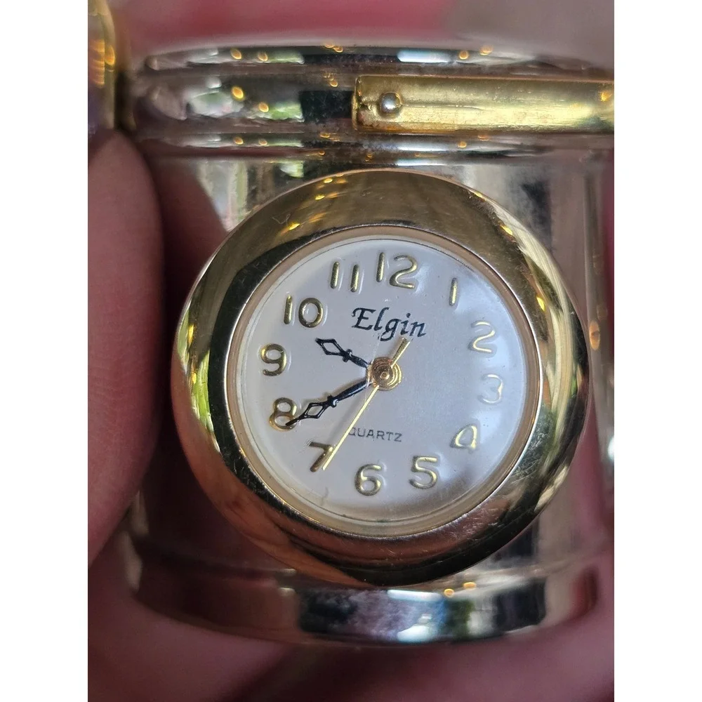 Elgin Miniature Watering Can Desk Clock Silver Gold Tone Novelty Quartz Decor